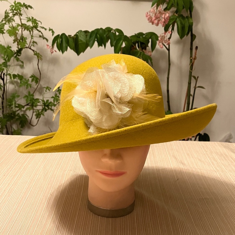 Elegant Mustard Yellow Hat with Cream Gold  Floral Feathered Accent